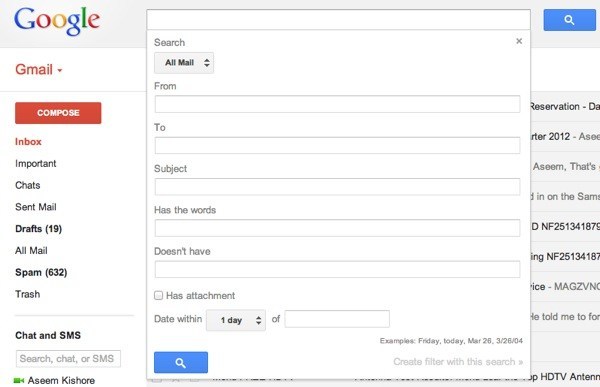 možnosti vyhledávání v Gmailu