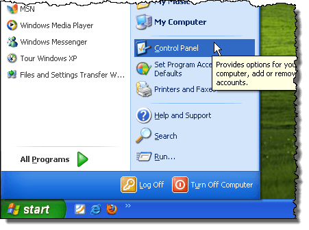 Otevření ovládacího panelu v systému Windows XP