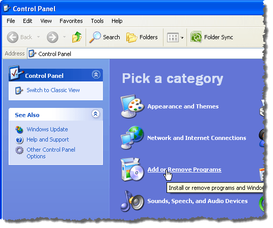 Klepnutím na odkaz Přidat nebo odebrat programy v systému Windows XP