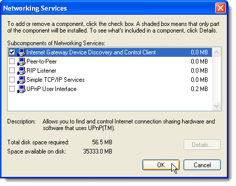 Podrobnosti o síťových službách v systému Windows XP