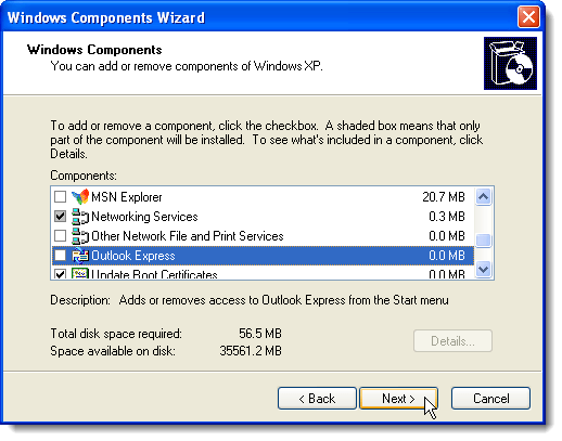 Klepnutím na tlačítko Další na obrazovce Windows Components