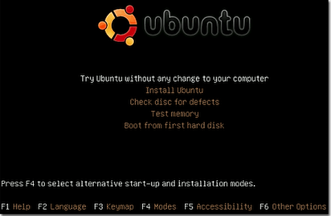 Hlavní nabídka Ubuntu Linux Live CD