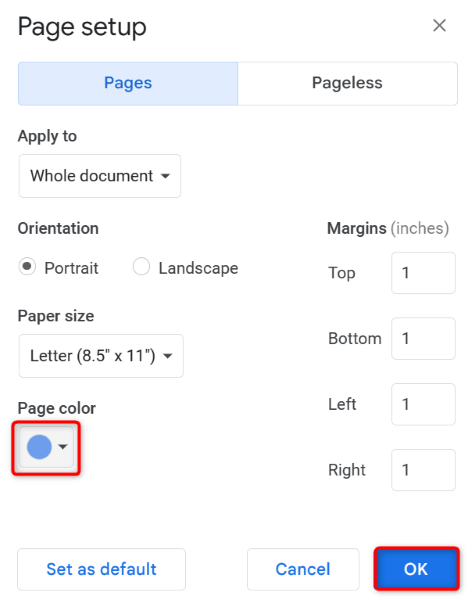 Změňte obrázek barvy pozadí stránky v dokumentu Dokumenty Google