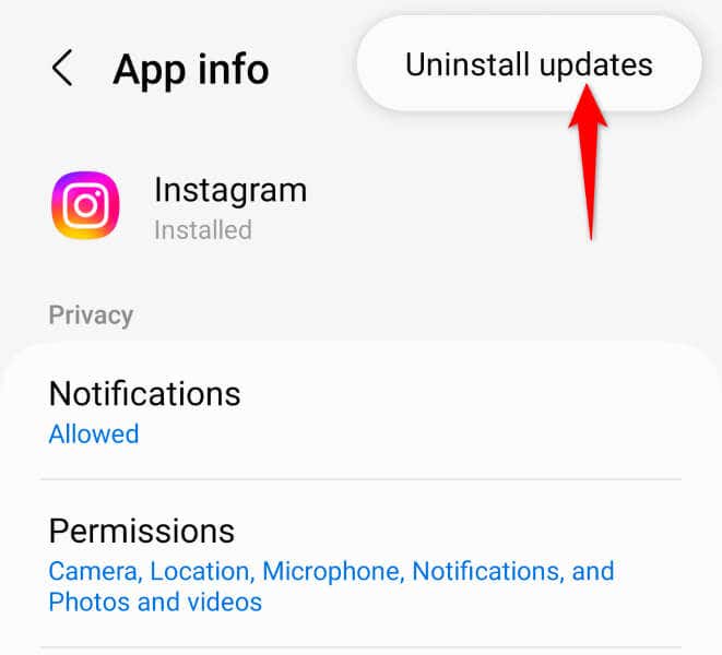 Odinstalujte aktualizace aplikace Instagram na obrázku Android