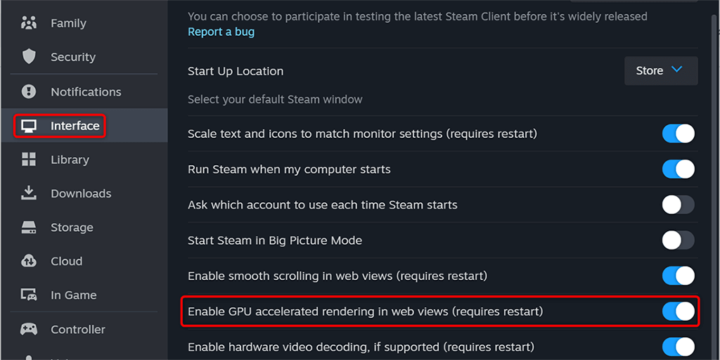 Vypněte akceleraci GPU v obrazu Steam