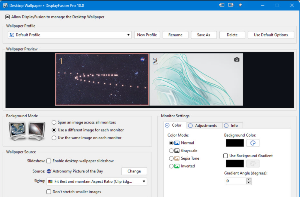 screenshot of settings from displayfusion website