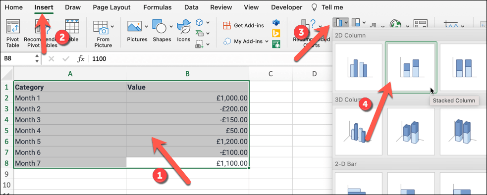 Jak vytvořit vodopádový graf v aplikaci Microsoft Excel obrázek 6